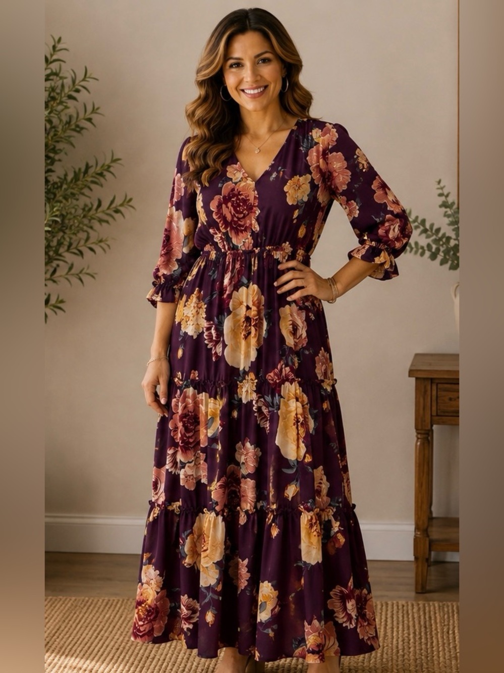 Baltic Born Plum Maxi Dress with Peach and Yellow Floral Print